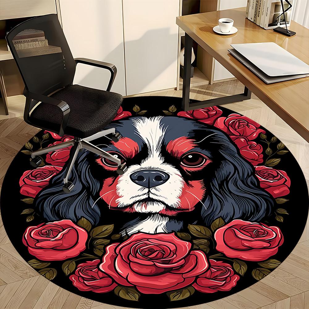 1pc Dog Rose Pattern Chair Carpet for Office, Round Non Slip Durable Large Size Office Carpet, Suitable for Office
