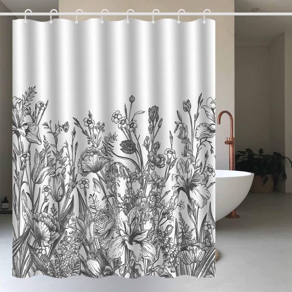 1Pc Black And White Botanical Patterned Shower Curtain, Made Of Polyester, Machine Washable, Suitable For Bathroom Dcor.
