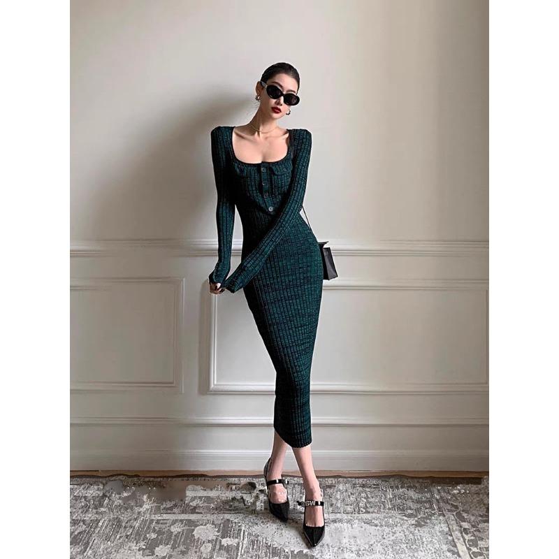 

Light luxury high-end retro square collar elegant dress niche design knitted pit strip slim temperament S зелёный