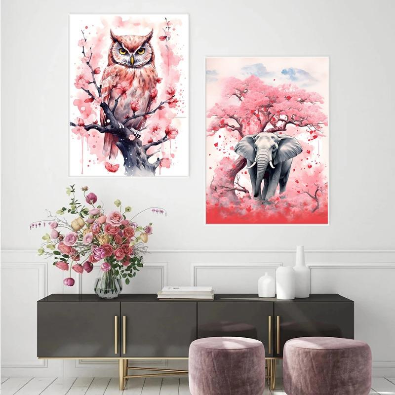 Aquarell-Poster mit Tieren, rosa Blumen, Eule, Hirsch, Pferd, Otter, Tiger und Koala – Leinwandbild, Wanddekoration für Wohnzimmer und Zuhause