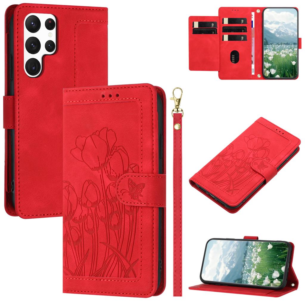 For Samsung Galaxy S22 Ultra 5G Case Tulip Leather Phone Cover with 5 Card Slots Wallet