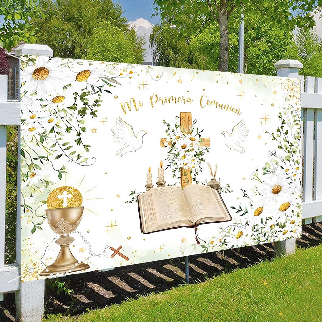 Mi Primera Comunion Backdrop First Holy Communion Baptism Party Decoration Gold Dots Daisy Christening God Bless Photography