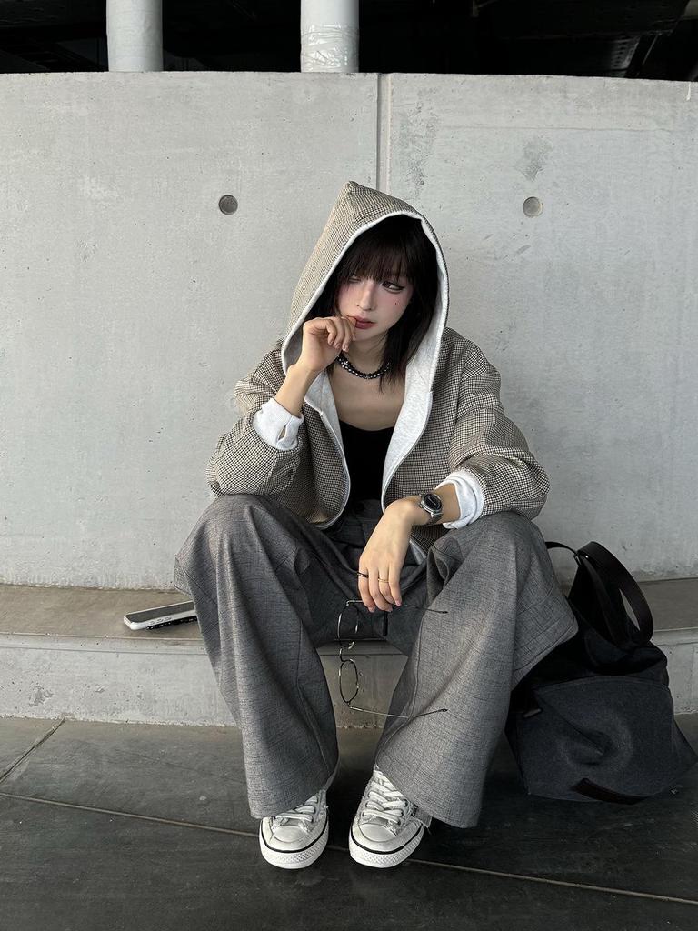 Houndstooth Double-Sided Hoodie Cardigan for Men & Women - Autumn Heavyweight Plaid Short Jacket