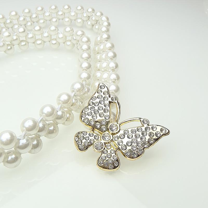 New Double Row Flying Butterfly Pearl Waist Chain Elastic Belt Ladies Dress Decor Flexible Adorn Elegant Glitter Stylish