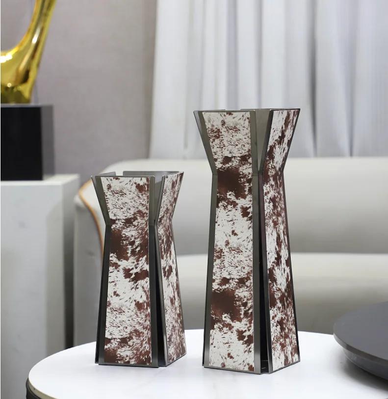 Luxury Stainless Steel Vase, Splashed Ink Art Leather Metal Flower Vase, Flower Arrangement, Living Room Decoration Ornament