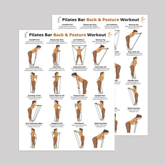 3ks Pilates tyč Plné tělo Cvičení Plakátová sada Noha Bok Paže Záda Postura Cvičební tabulka pro domácí posilovnu Laminované Fitness