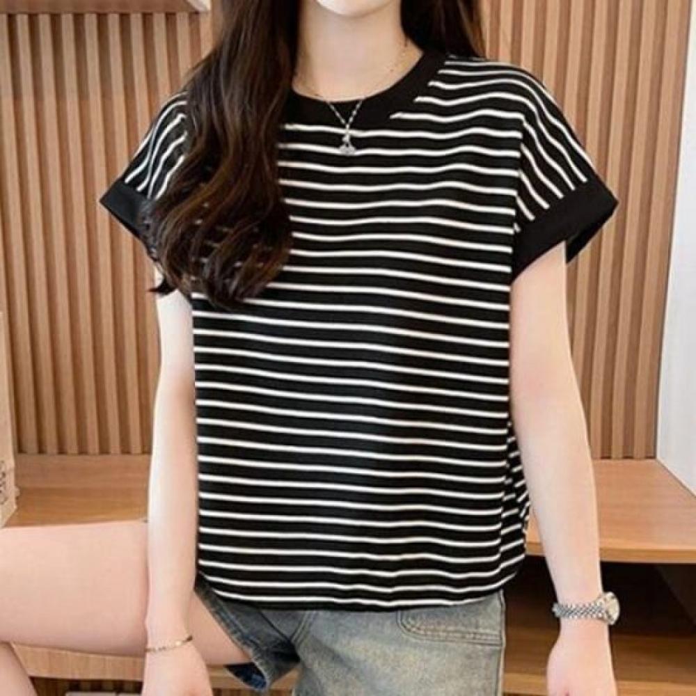 Navava Casual Hem STring STriped Cap Sleeve T shirT nT2544