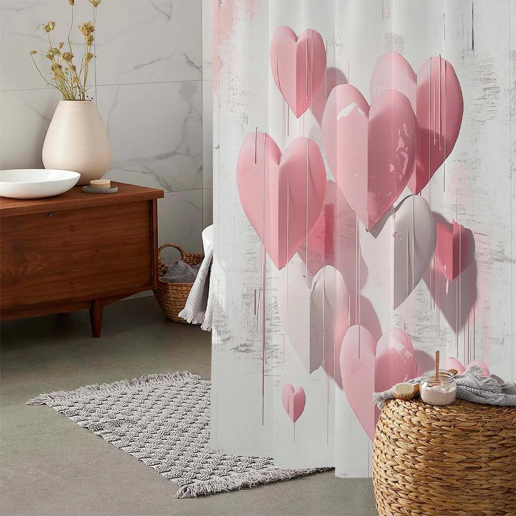 One Romantic Valentine's Day Love Print Shower Curtain with 12 Hooks, Curtain for Windows