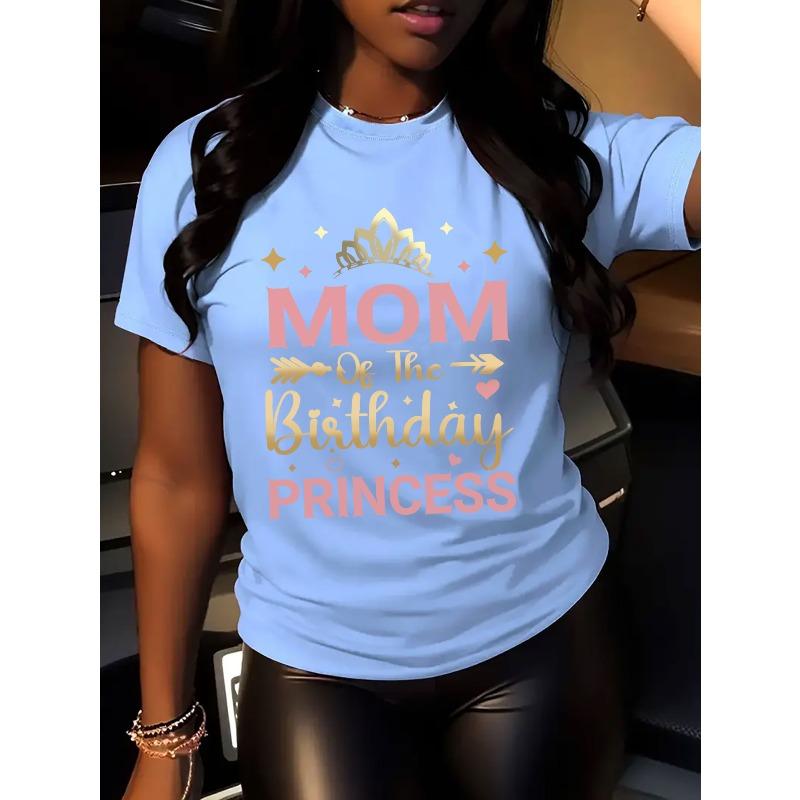 T-shirt Graphique Anniversaire Princesse Maman pour Femme Bleu Clair Rose Texte Doré Col Rond Manches Courtes Décontracté Cadeau Haut