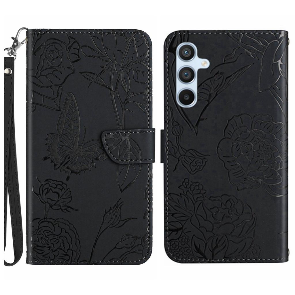 Applicable To Samsung S24 Butterfly Embossed Mobile Phone Leather Case A15 Card Holder Solid Color Lanyard Protective Case A05S Hand Rope