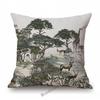 Toile De Jouy Jungle Animals Tiger Giraffe Tiger Crane Birds Navy Blue Greenish Pattern Decorative Pillow Case Car Cushion Cover