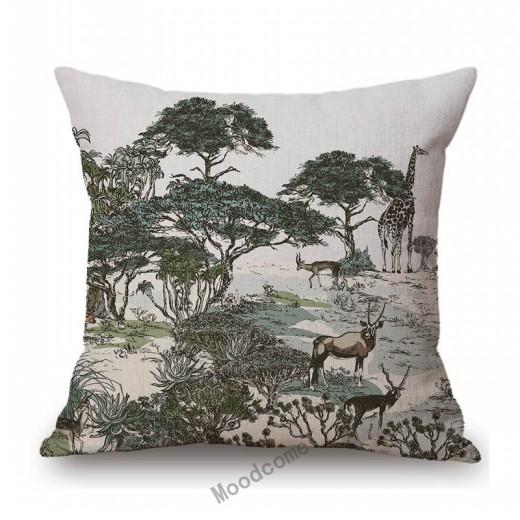Toile De Jouy Jungle Animals Tiger Giraffe Tiger Crane Birds Navy Blue Greenish Pattern Decorative Pillow Case Car Cushion Cover