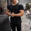 Men V-Neck Short Sleeve T-Shirt Fitness Slim Fit Sports Stripes Solid Color Tee Tops Breathable Gym Clothing for Sports Travel Office