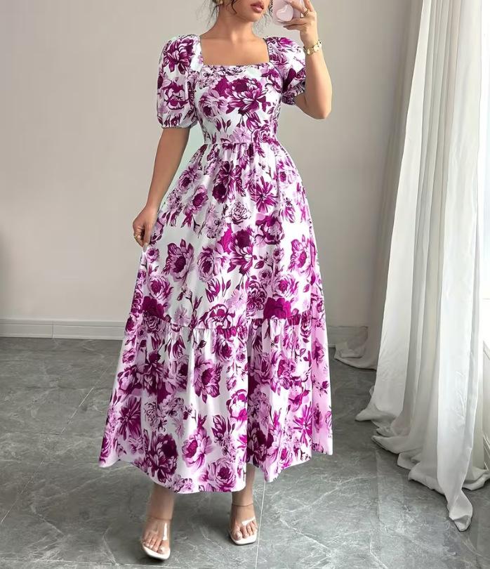 New printed puff-sleeved square collar lace-up waist elegant dress for women