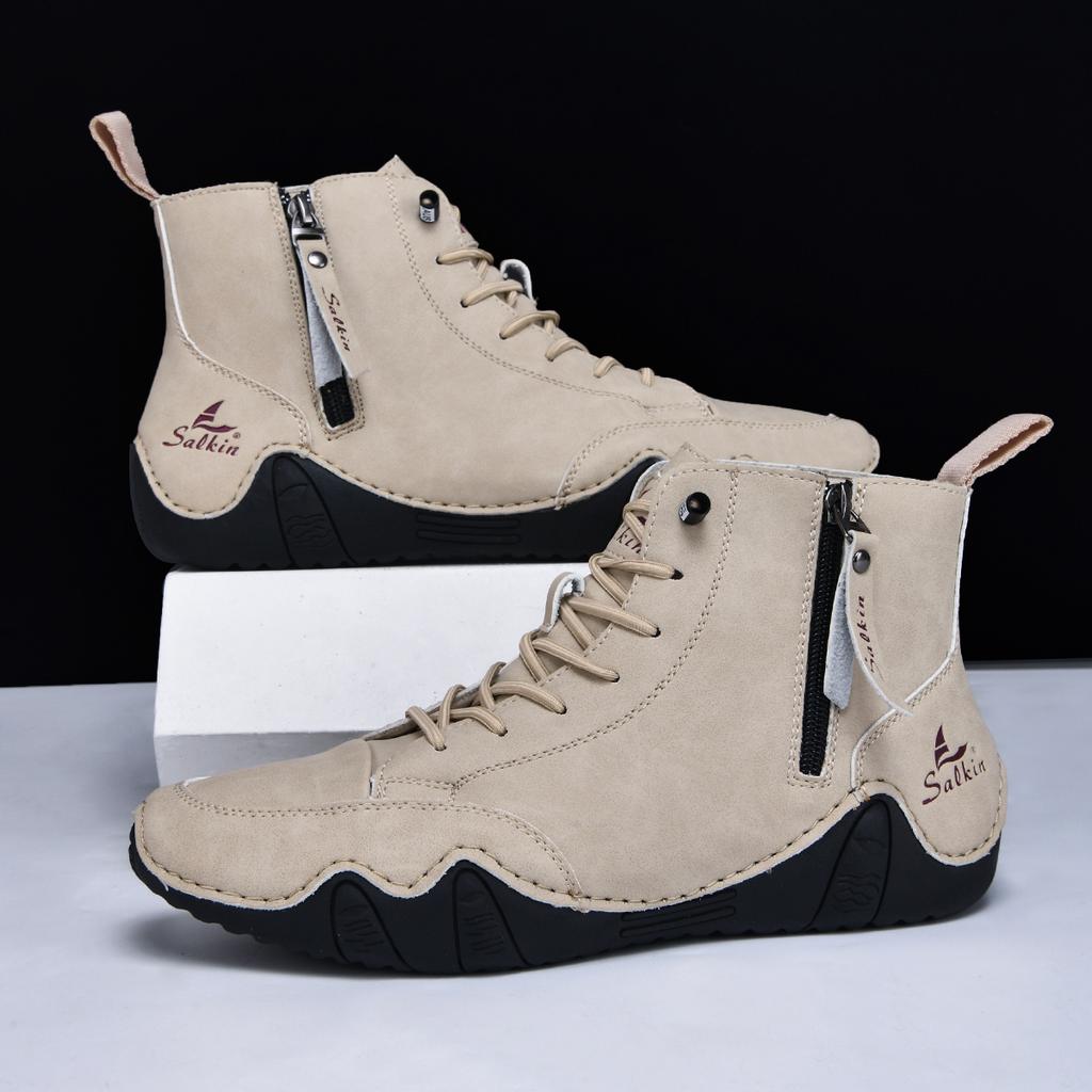 New 2026 Handmade Leather Men Ankle Boots Casual Shoes Side Zipper Comfortable Breathable Sneakers Anti-Slip Outdoor Boots Shoes