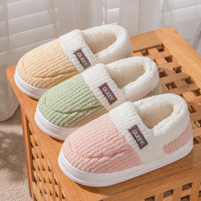 Thick-Soled Men's and Women's Fuzzy Indoor-Outdoor Slippers Warm Cotton Velvet Heeled Footwear