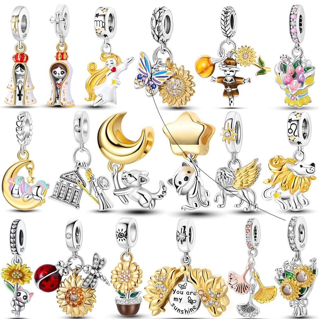 Fit Original Pandora Bracelet Golden Color Charms Beads Copper Pyramid Sunflower Cat Moon Star Dangle Diy Jewelry
