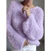 European and American women's clothing macaron round neck fluffy design sense solid color long-sleeved fluffy top