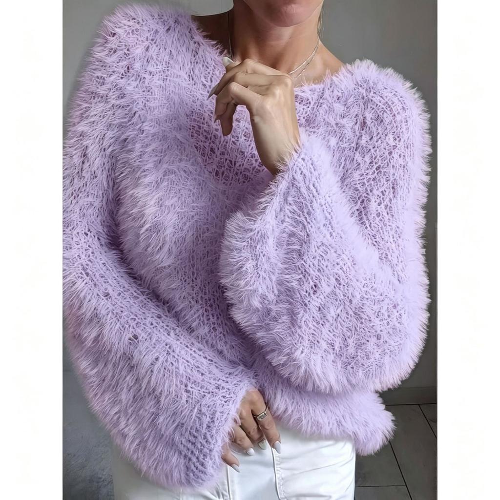 European and American women's clothing macaron round neck fluffy design sense solid color long-sleeved fluffy top