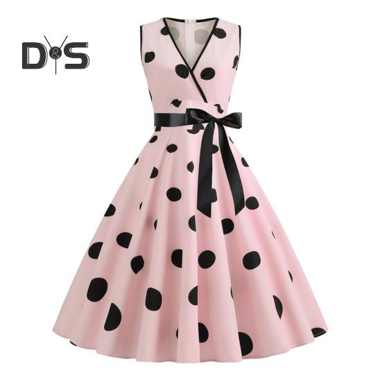 Sukienka wieczorowa dla kobiet w stylu vintage, kontrastowe kropki, nadruk w kropki, kokarda w talii, linia A, duży rozkloszowany, wąska talia, bez rękawów, odkryte plecy, dekolt w serek, sukienka midi w stylu księżniczki
