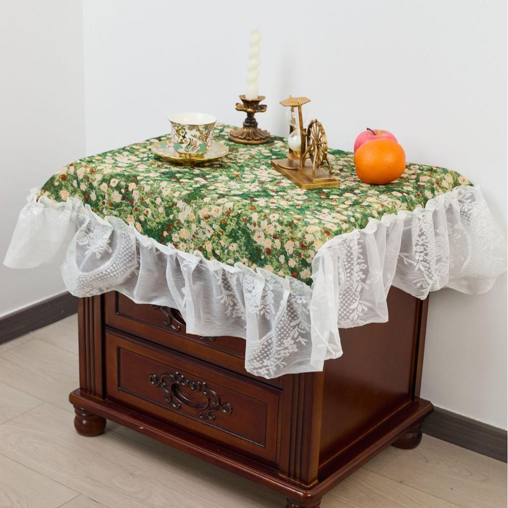 Table Cloth Jacquard Green Flower Camping Outdoor Tablecloth Lace Ruffle Edge Multi-purpose Cover Towel Bedside Table
