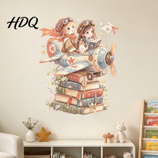 Unique Gift Ideas for Kids Room Pilot Girls Wall Sticker Self-Adhesive Watercolor Airplane and Stacked Book PVC Decal Removable Stickers Nursery
