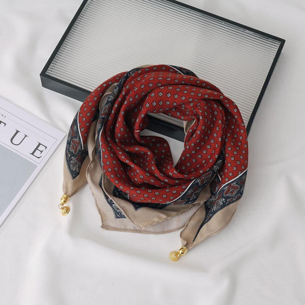 Women's 65" Silk Square Scarf with Magnetic Buckle – Autumn/Winter Print, Fashionable & Versatile Triangle Snood