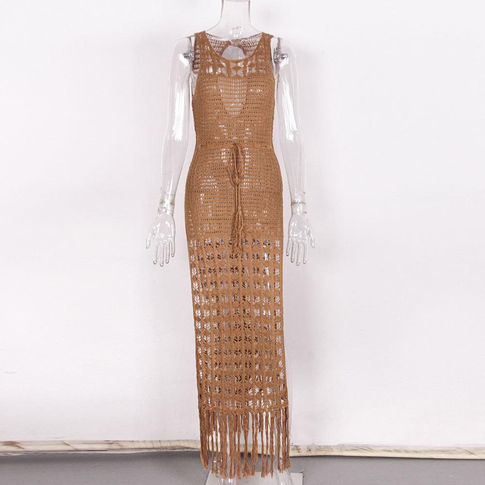 Women's Round Neck Sleeveless Crochet Maxi Dress Loose Fit High Waist Casual Beach Cover Up