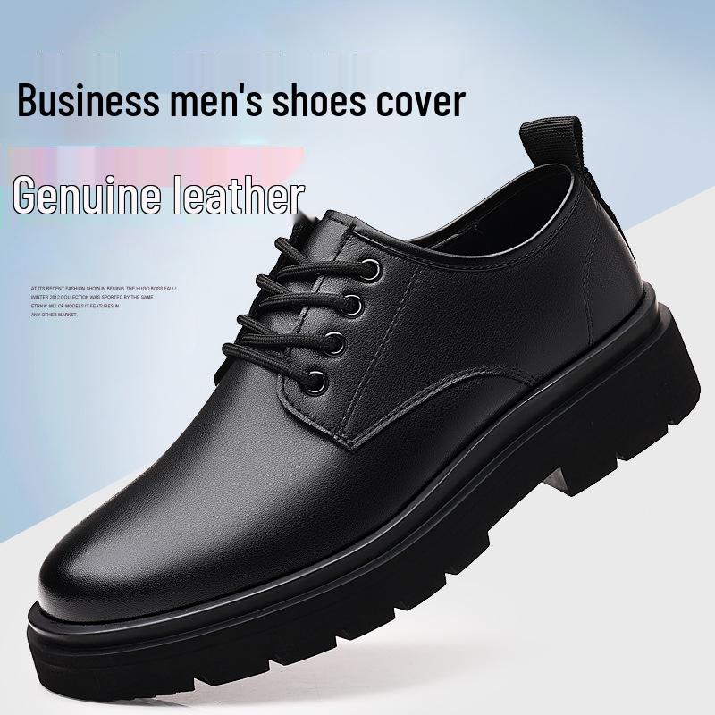 Men's Black Leather Derby Shoes, Casual Spring Style with Thick Soles, Low-Top Formal Wedding Martin Boots.