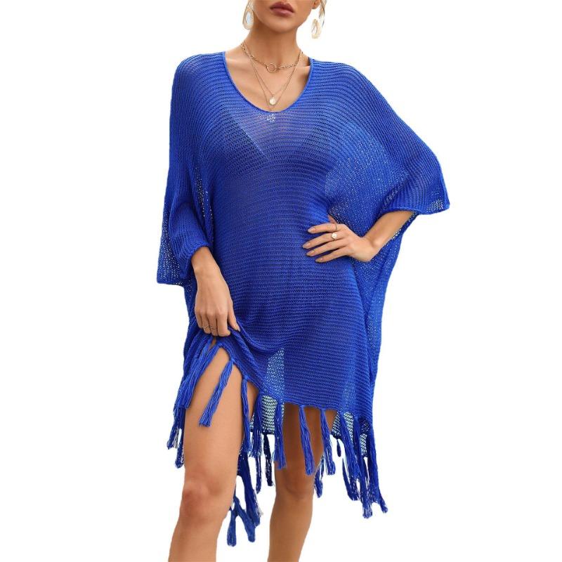 

Womens Crochet Hollow Out V Neck Fringe Hem Beach Cover Up OneSize синій