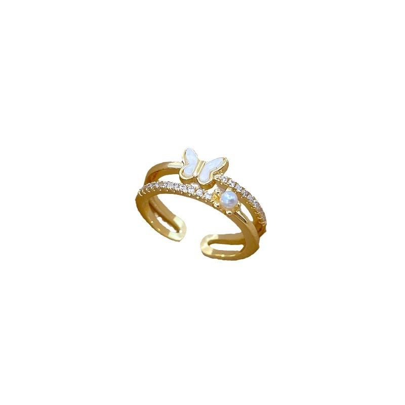 Real Gold Shell Butterfly Full Diamond Ring Opening Adjustable Simple Jewelry Japanese Ring Couple Ring
