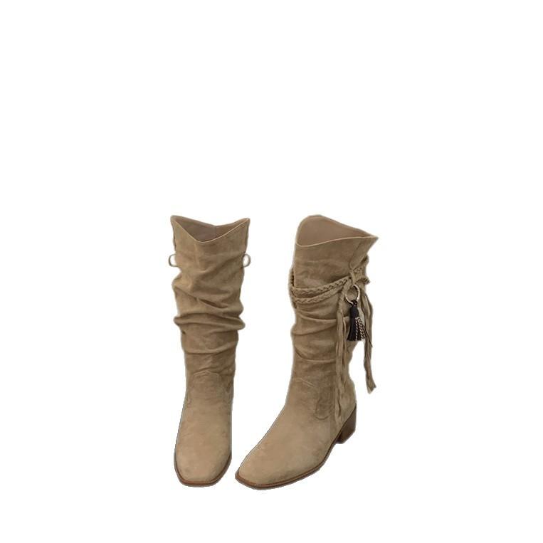 Vintage woven fringed thick heel tall boots 2025 autumn and winter thin pointed western cowboy boots stacking boots