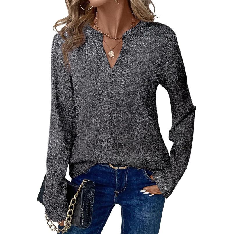 2026 New Spring and Autumn Women s V-neck Pullover Long Sleeve T-shirt Fashionable Versatile Top S темно-серого