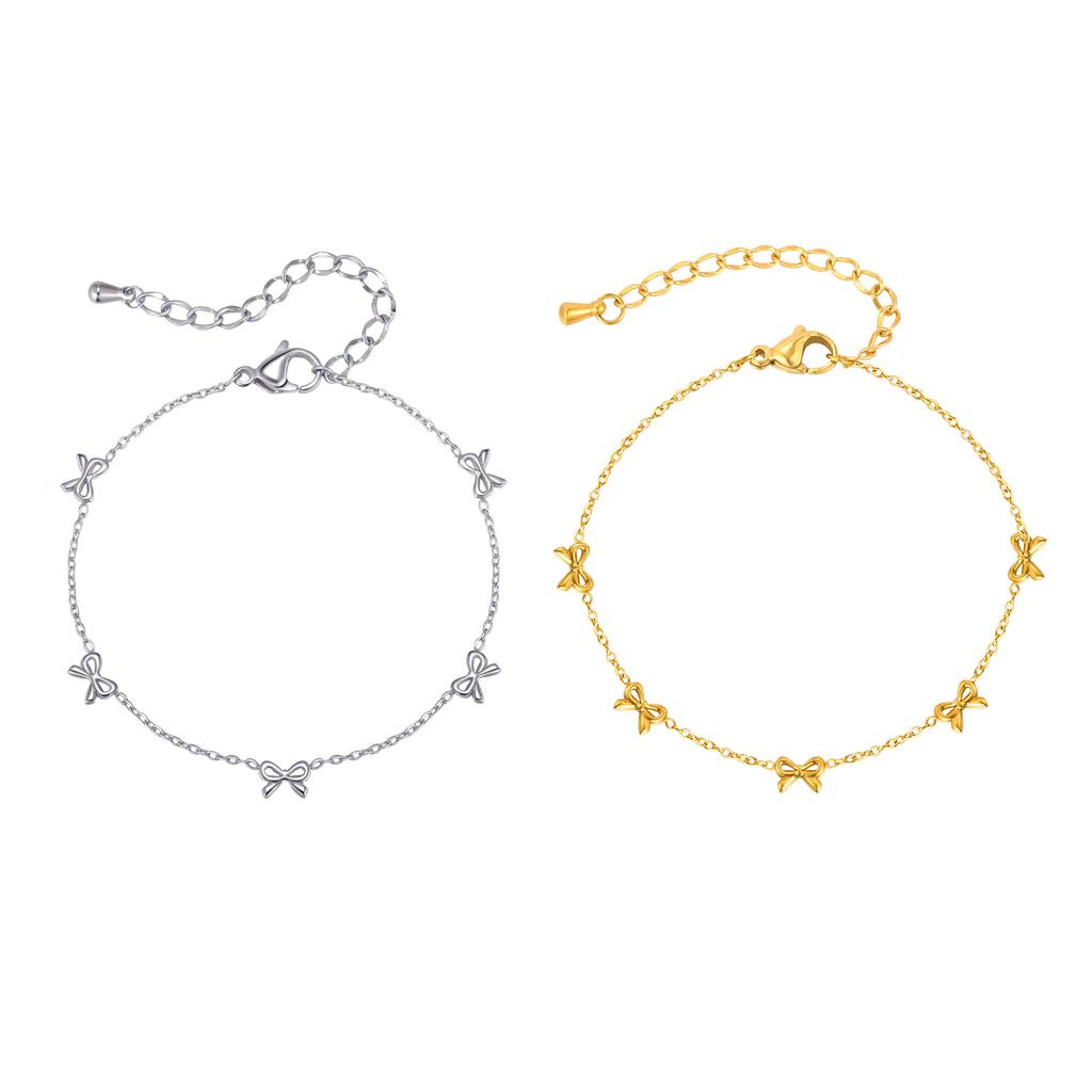 Classic Dainty Gold Plated Bowknot Bracelet for Women , Stainless Steel Thin Chain Bow Charm Bracelet, Minimalist Trendy Jewelry