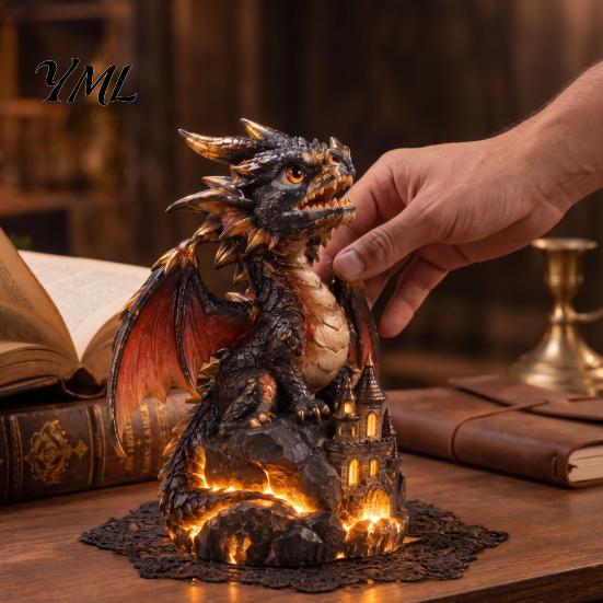 Schlafzimmer-Ornament Leuchtende Drachenfigur, Harz Gotische Schlossstatue, Dekoration Mythisches Kreaturenmodell Fantasy für Zuhause, Büro-Tisch, Schreibtisch
