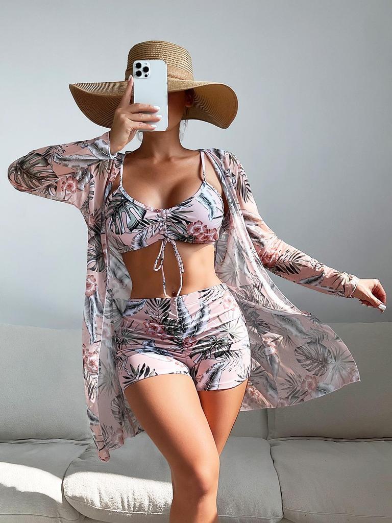 Mingyi European Mesh Blouse & Sexy Leg-Length Pants Three-Piece Swimsuit