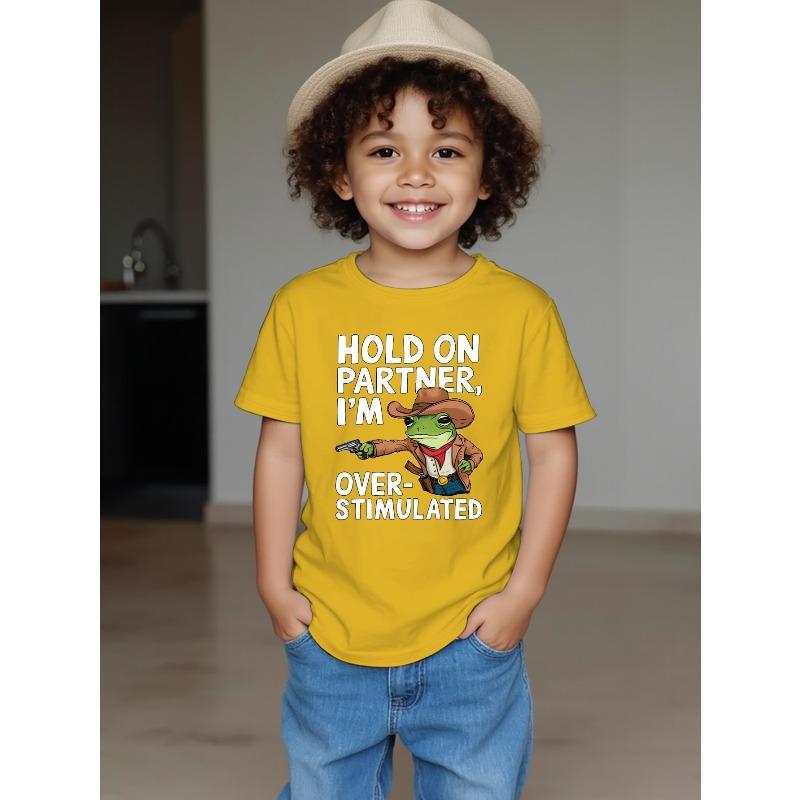 

European Size Boys Round Neck Short Sleeved T Shirt with Creative English Print 164cm жовтий