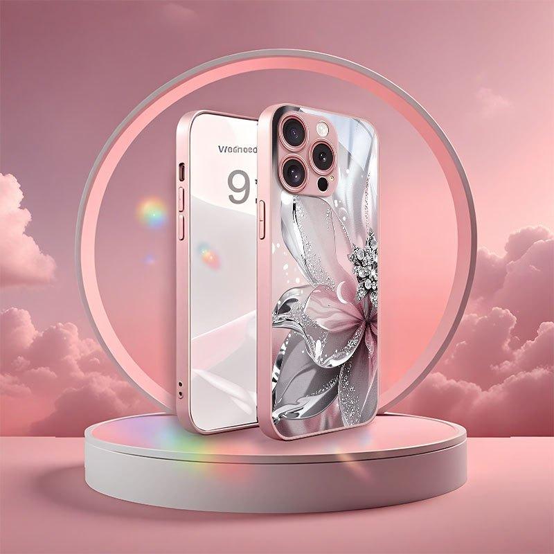 Silver Textured Flowers Pattern Pink Metallic Glass Phone Case For iPhone 11 12 13 14 15 16 17 Pro Max 15 Plus 17 Air 16E Cover