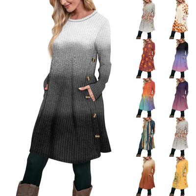 Damenmode Lässiges Langarm-Tunika-Kleid mit Taschen Seitenknopf-Kleid