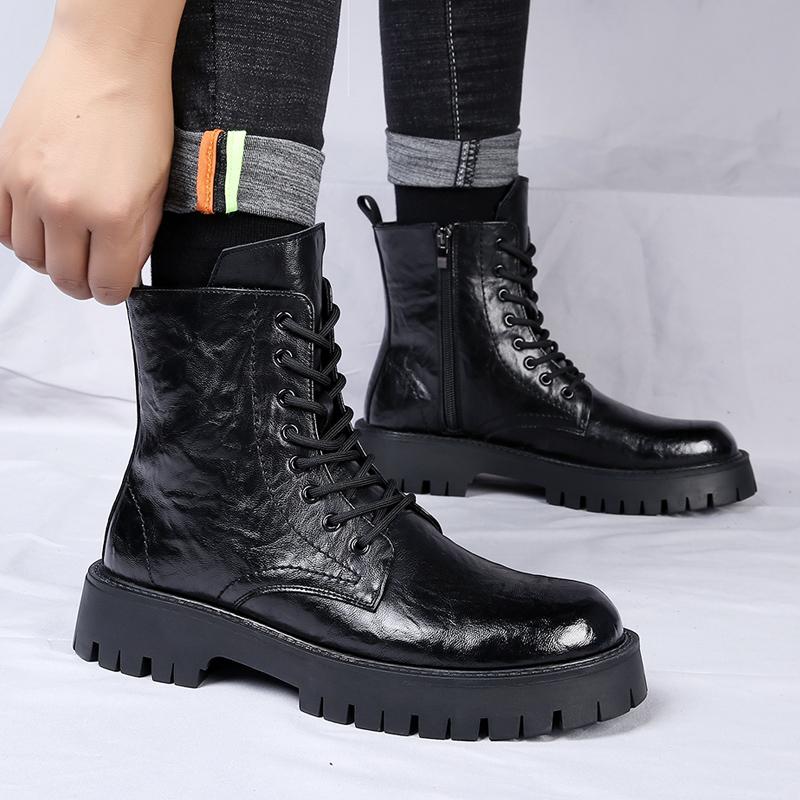 Mode für Männer Casual Naturleder Stiefel schwarz trendige Plateauschuhe Party Bankett Kleider Designer High Boot coole Motorrad Bota