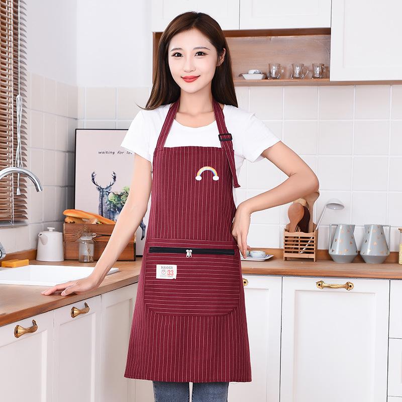 Kitchen Oil Resistant Apron Striped Zippered Linen-Cotton Apron With Straps Breathable Apron Women'S Dirt Resistant Work Clothes