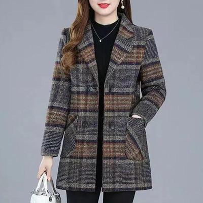 Suit Plaid Woolen Jacket Autumn Winter Slim Long-sleeved Outwear Plus Size 5xl Women's All-match Coat
