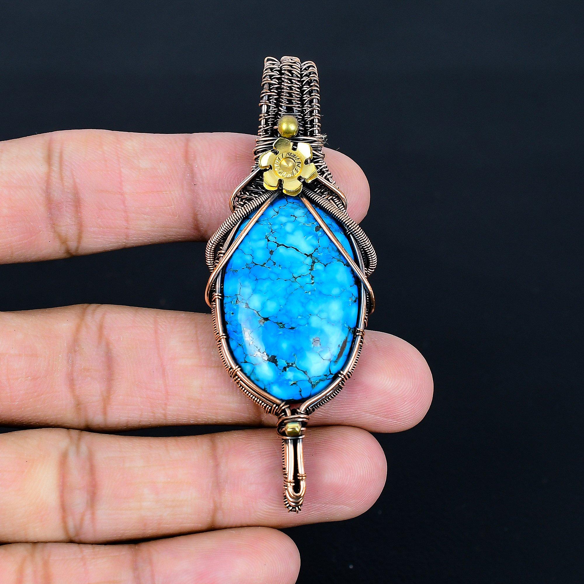 

Turquoise 999 Copper Wire Wrapped Pendant, Handmade Gemstone Jewelry Pendant Gift For Birthday 2.55 Inches