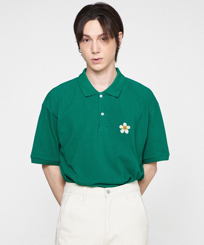 GRAVER [Unisex] Flower Embroidered Pique Short Sleeve T-Shirt_Green