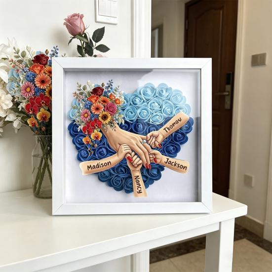 Personalized Mommy Holding Hands Shadow Box with Ring And Manicure Custom Names Floral Heart