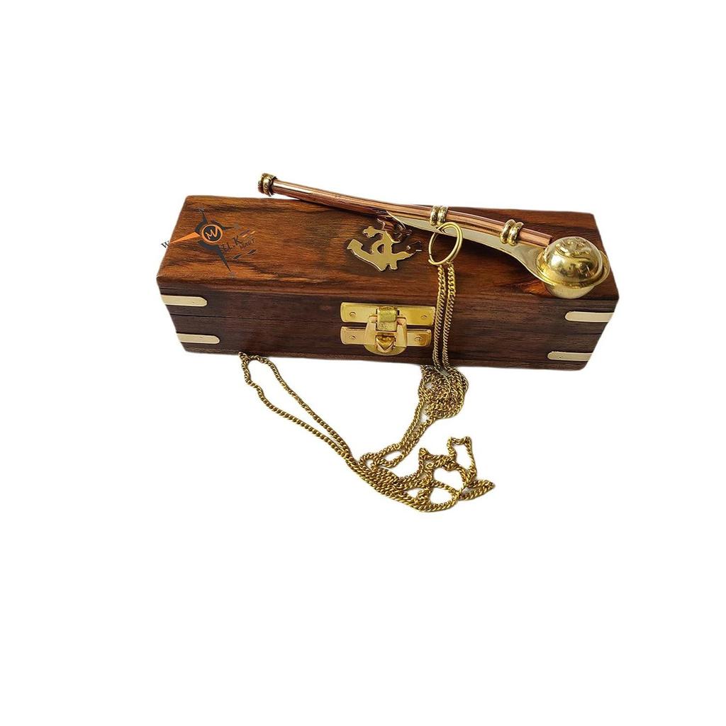 Nautical Maritime Brass/Copper Boatswain Whistle-Bosun Call Pipe~with Sheesham Wood Box