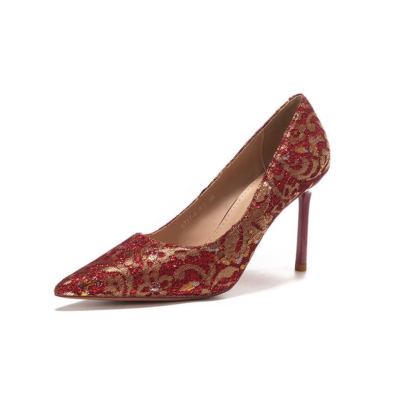 Elegant Red Silk Stiletto Heels with Gold Trim - Ideal for Weddings, Banquets, and Formal Events