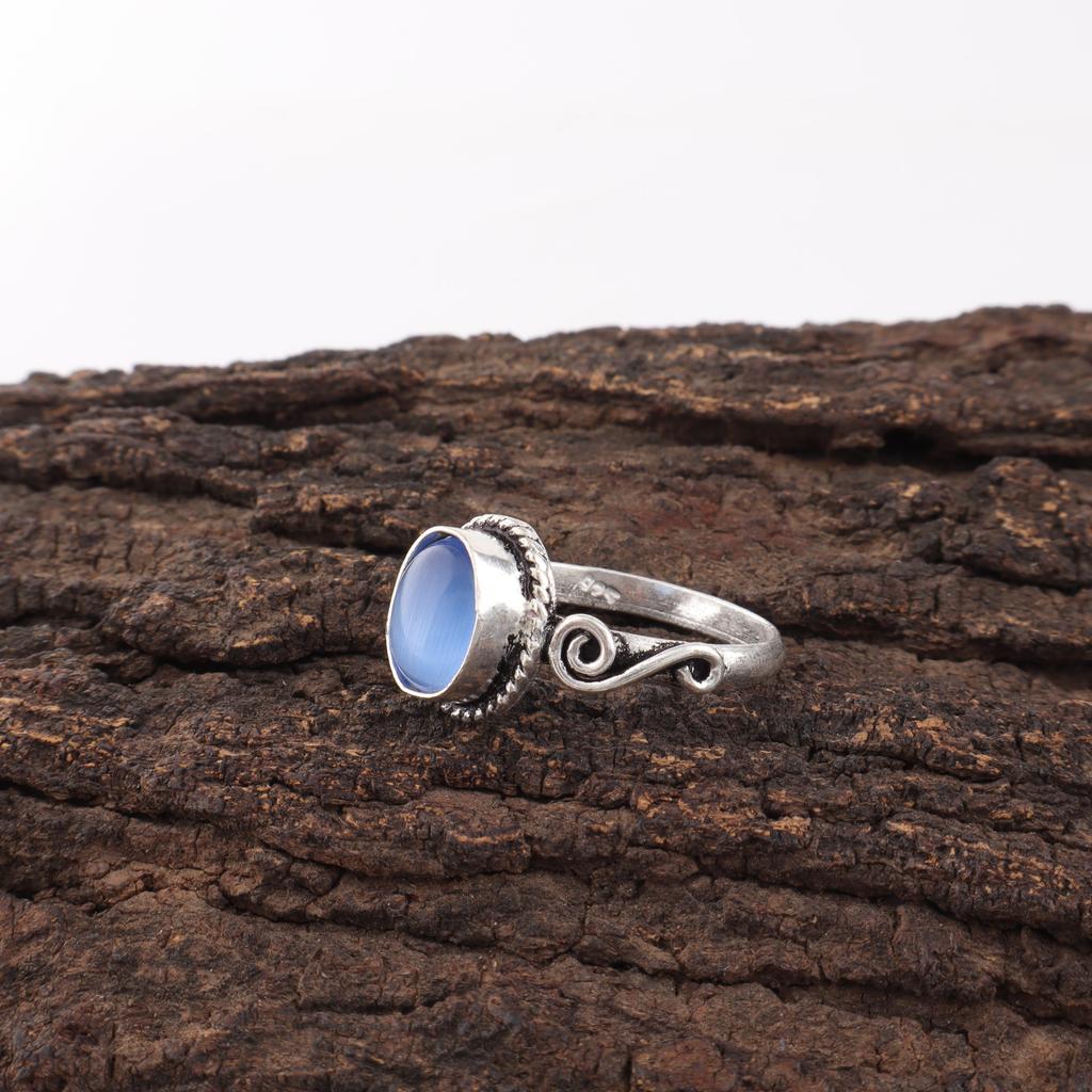 Dark Blue Cat's Eye Gemstone Ring, 925 Solid Sterling Silver Jewelry, Handmade Designer Ring Gift For Sister