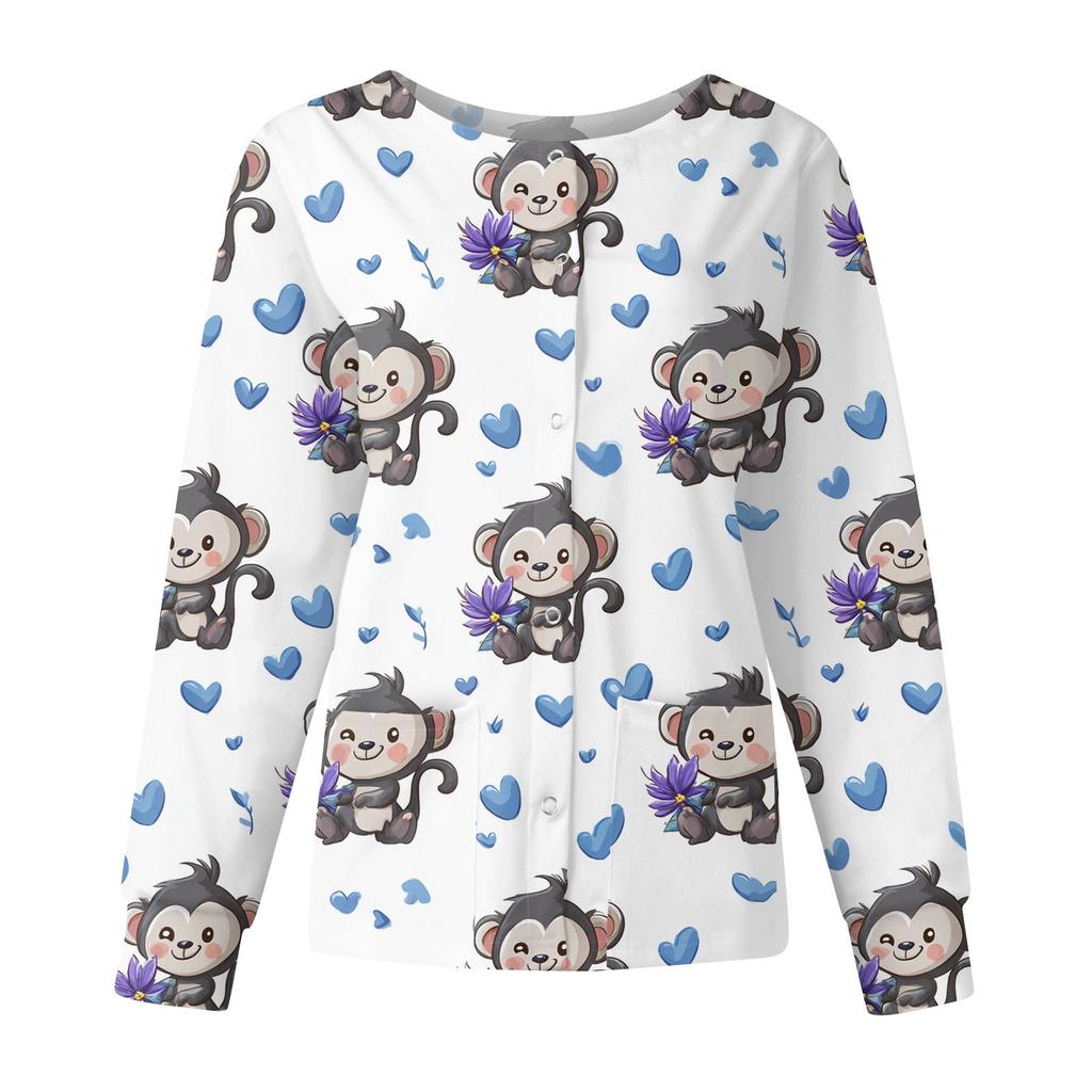 Women's Casual Fashion Long Sleeve Standing Lapel Single Breasted Cute Animal Printed  Workwear Jacket Tops