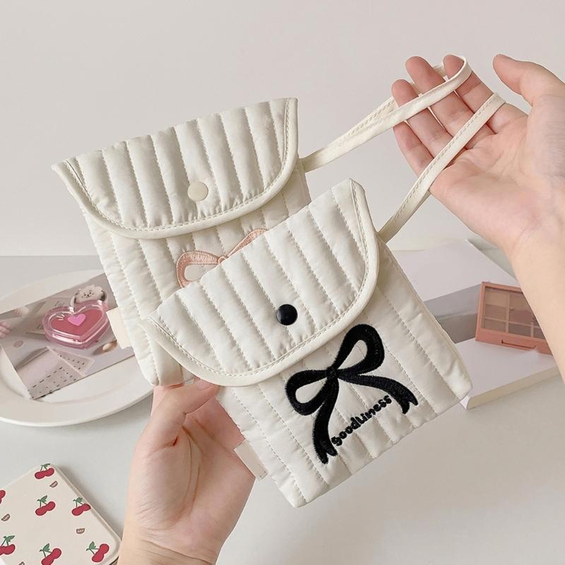 Stylish Cotton Polyester Period Essential Bag With Decorative Bows Design Compact Cosmetic Organizer For Women Girls
